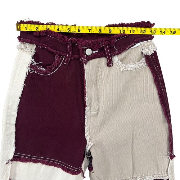 Empty Soda Patchwork Jeans Womens Maroon White Tan Denim Size S - Picture 7 of 11